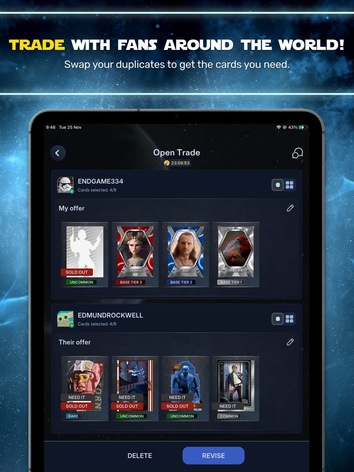 Star Wars Card Trader trade screen